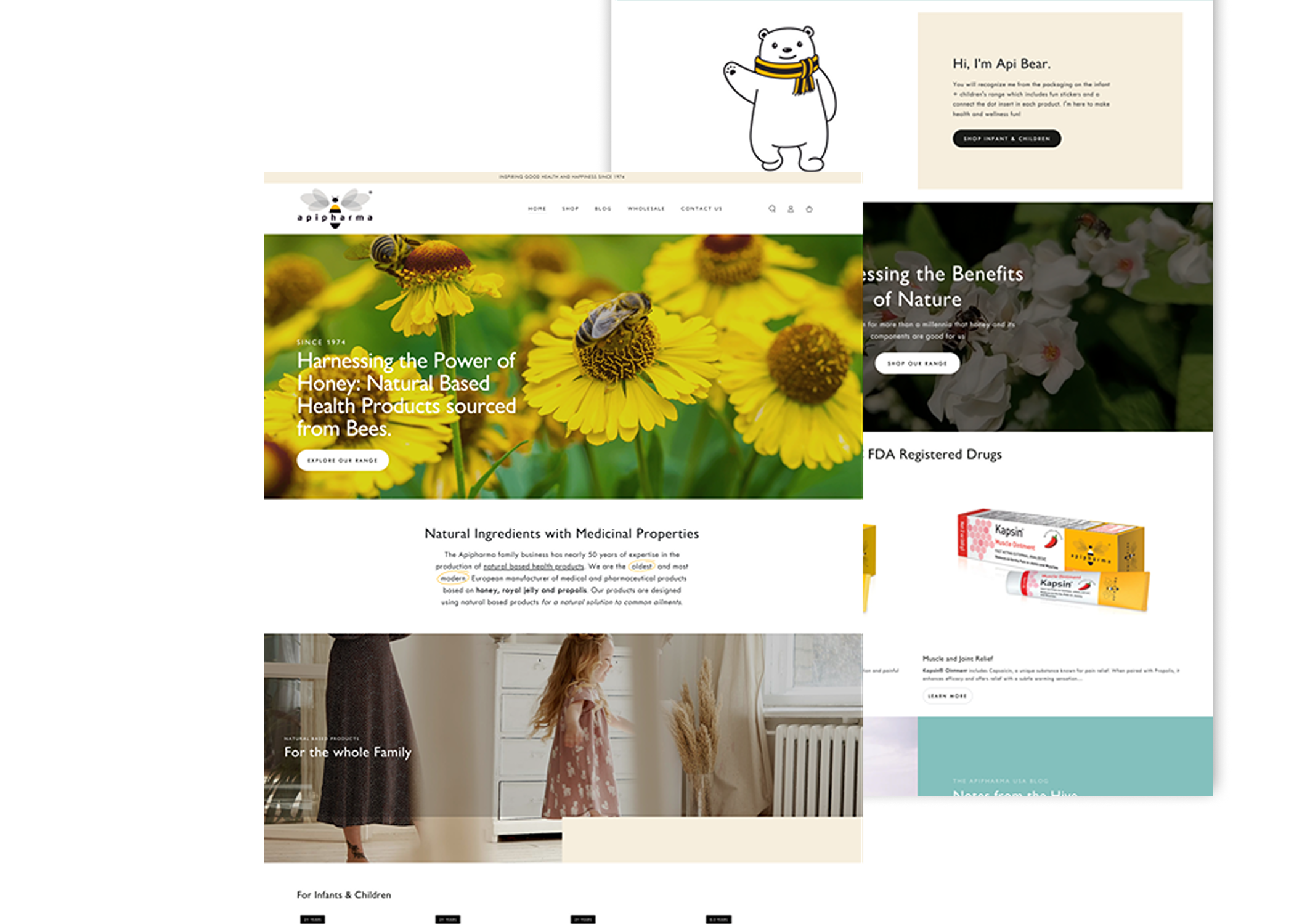 Modern Shopify site for Apipharma's U.S. launch, showcasing honey-based wellness products including propolis sprays, royal jelly supplements, and natural immune boosters.