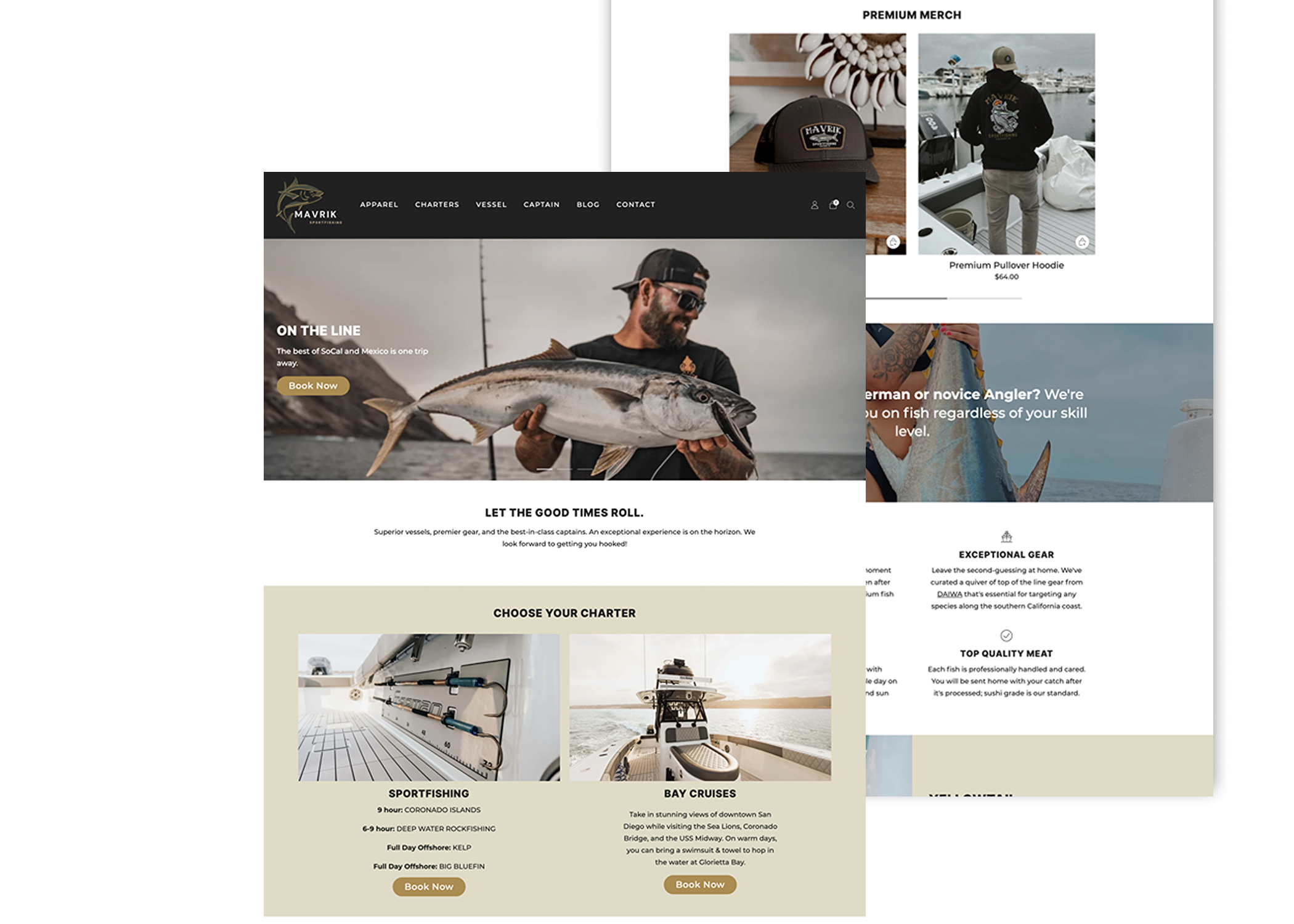 Custom Shopify site for Mavrik Sportfishing, featuring private fishing charters, gear rentals, and booking for deep-sea trips on the California coast in San Diego.