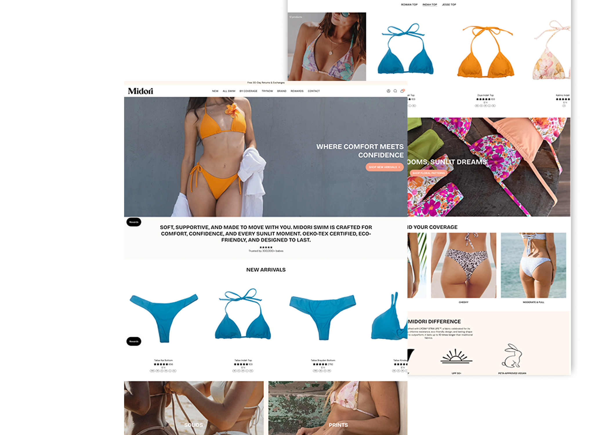 Shopify website for Midori Bikinis, an eco-friendly women’s swimwear brand based in California, featuring size-inclusive, Brazilian-cut bikinis designed for surfing and active lifestyles.