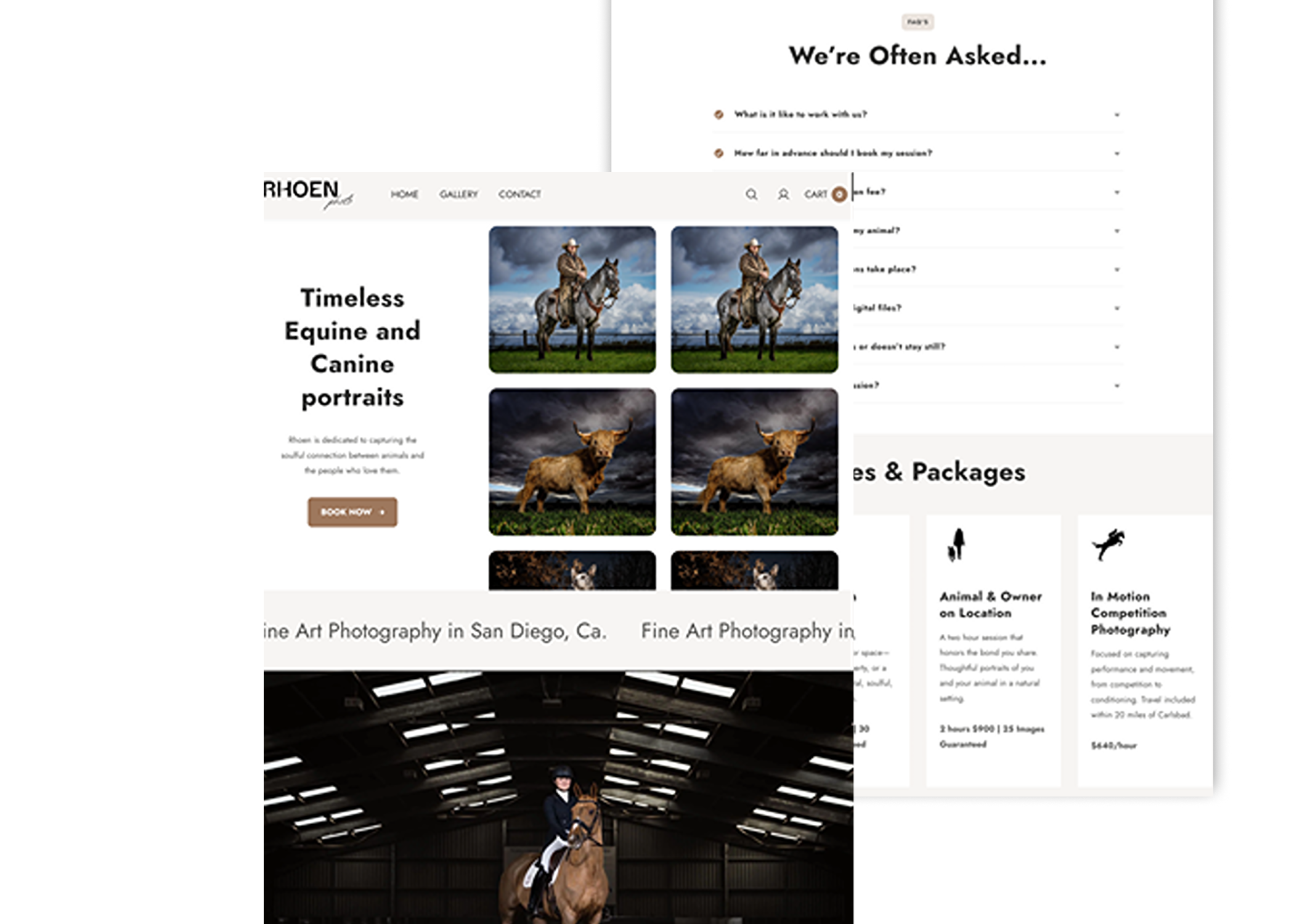 Elegant website for Rhoen Photo, a San Diego-based boutique studio offering luxury equine and canine portraiture, competition photos, and animal fine art.