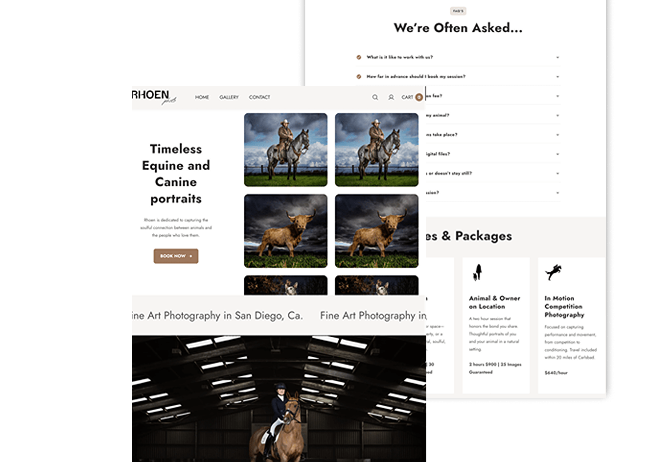 Elegant website for Rhoen Photo, a San Diego-based boutique studio offering luxury equine and canine portraiture, competition photos, and animal fine art.