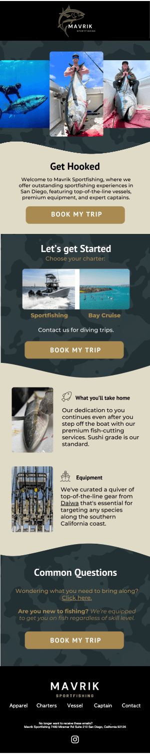 Email newsletter design for Mavrik Sportfishing by RachelMidori.com, a premier deep sea fishing charter based in San Diego, CA—featuring ocean adventure promotions and email marketing for outdoor tourism brands.